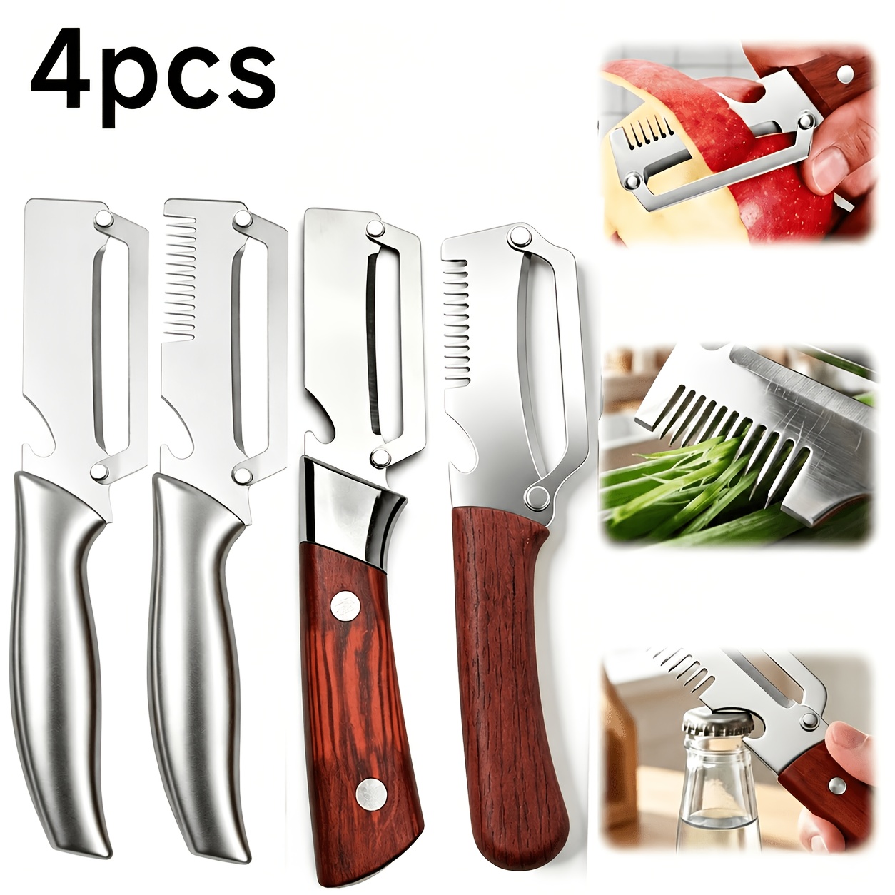 TEMU 4pcs Set Multi- And Vegetable Peeler, Stainless Steel Wide Blade Potato And Carrot Peeler, 3-in-1 Multi-functional Peeler With Grater And Bottle