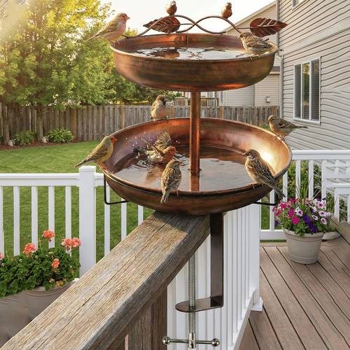 mount bird bath feeder premium 2 tier clamp on balcony railing bird bowl with bird metal leaf accents perfect