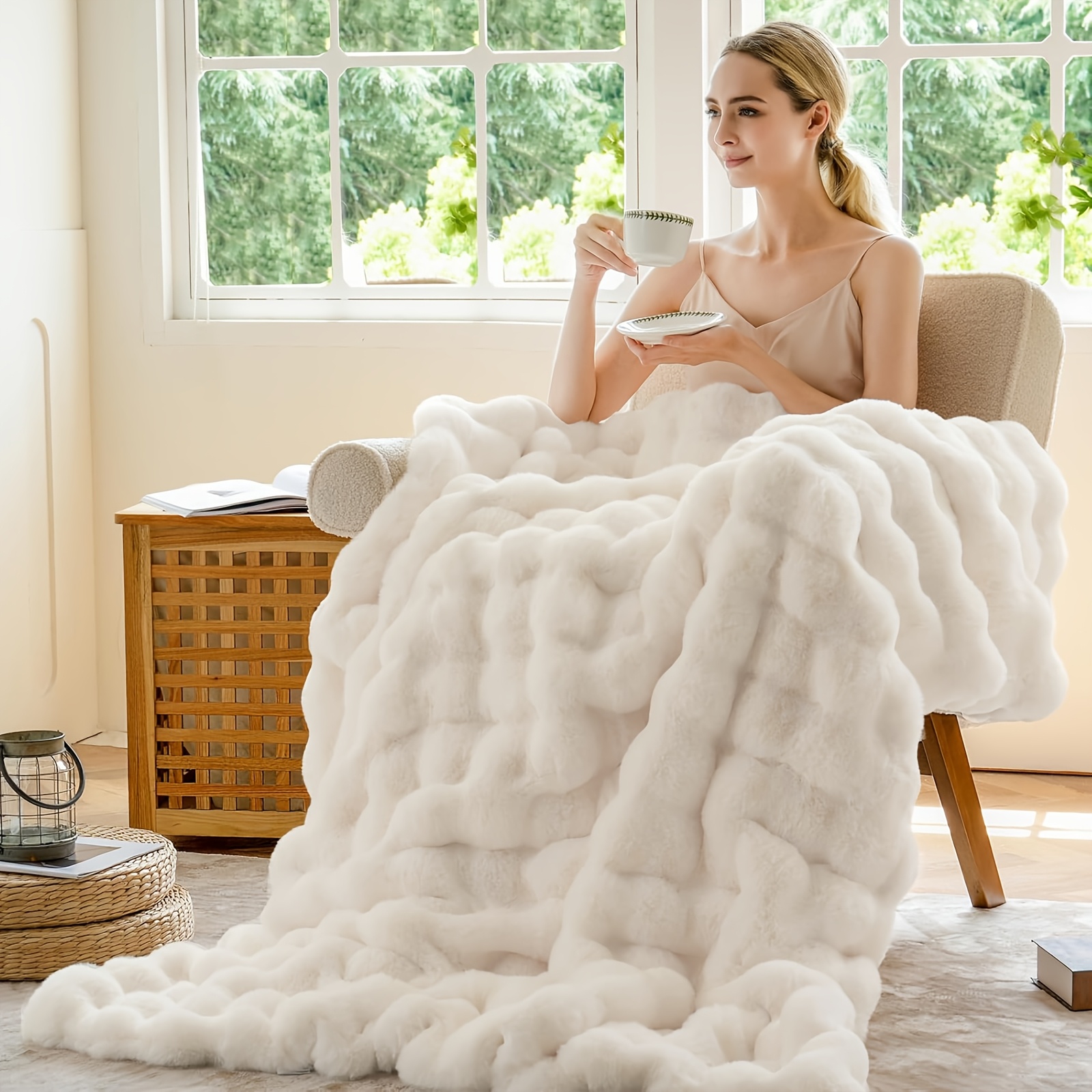 TEMU Plaid ROSEKIND en fausse fourrure de lapin pour canapé, couverture douce et duveteuse pour canapé et lit, plaid de décoration de luxe chaud,