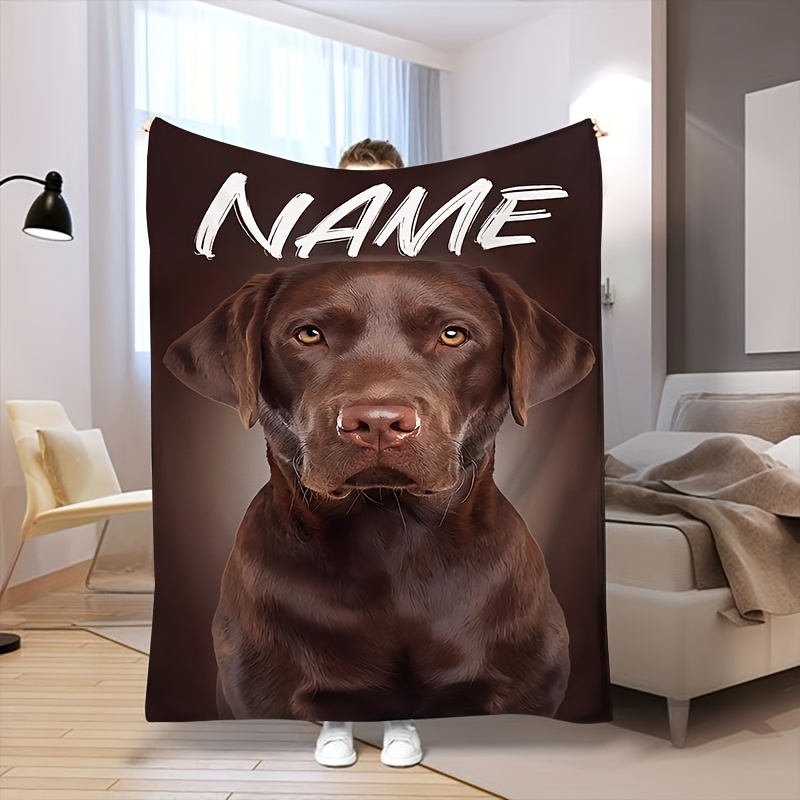 

Contemporary Hand-wash Only Hypoallergenic Polyester Flannel Bed Blanket With Personalized Name, Animal Theme, All-season Soft Fleece Throw, Woven Multipurpose Chocolate Labrador Print