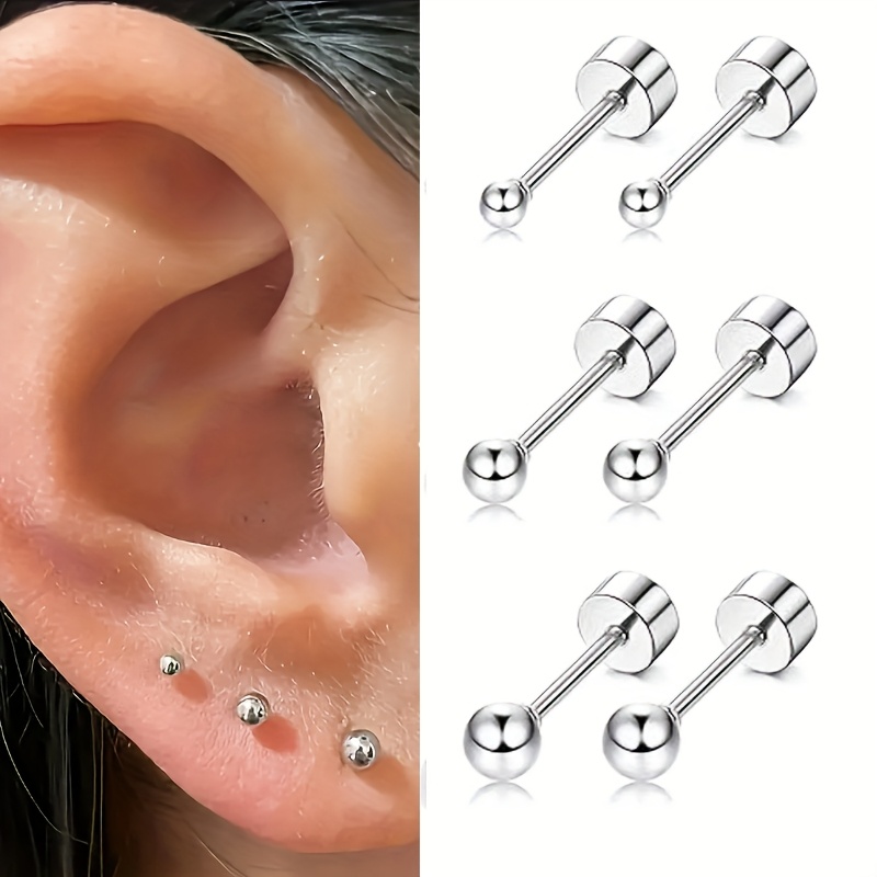 TEMU 6pcs Set, Spherical Stud Earrings With Stainless Steel Ball And Flat Washer Screw Design, To Remove For Bathing Or Sleeping - Simple And Elegant