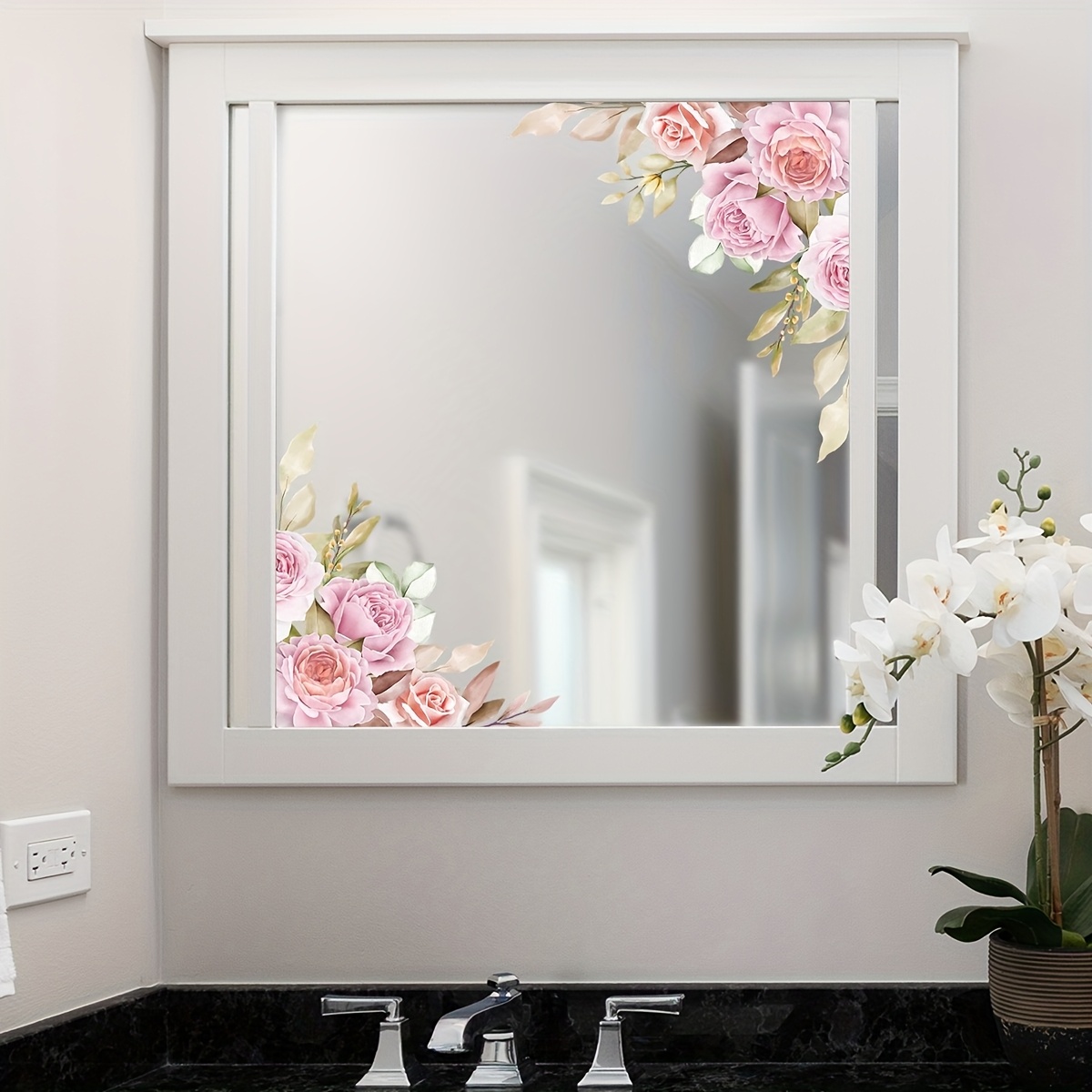 1pc Rose Glass Sticker, Bathroom Mirror Decoration, Adds A Soft And Elegant Ambiance To Your Bathroom