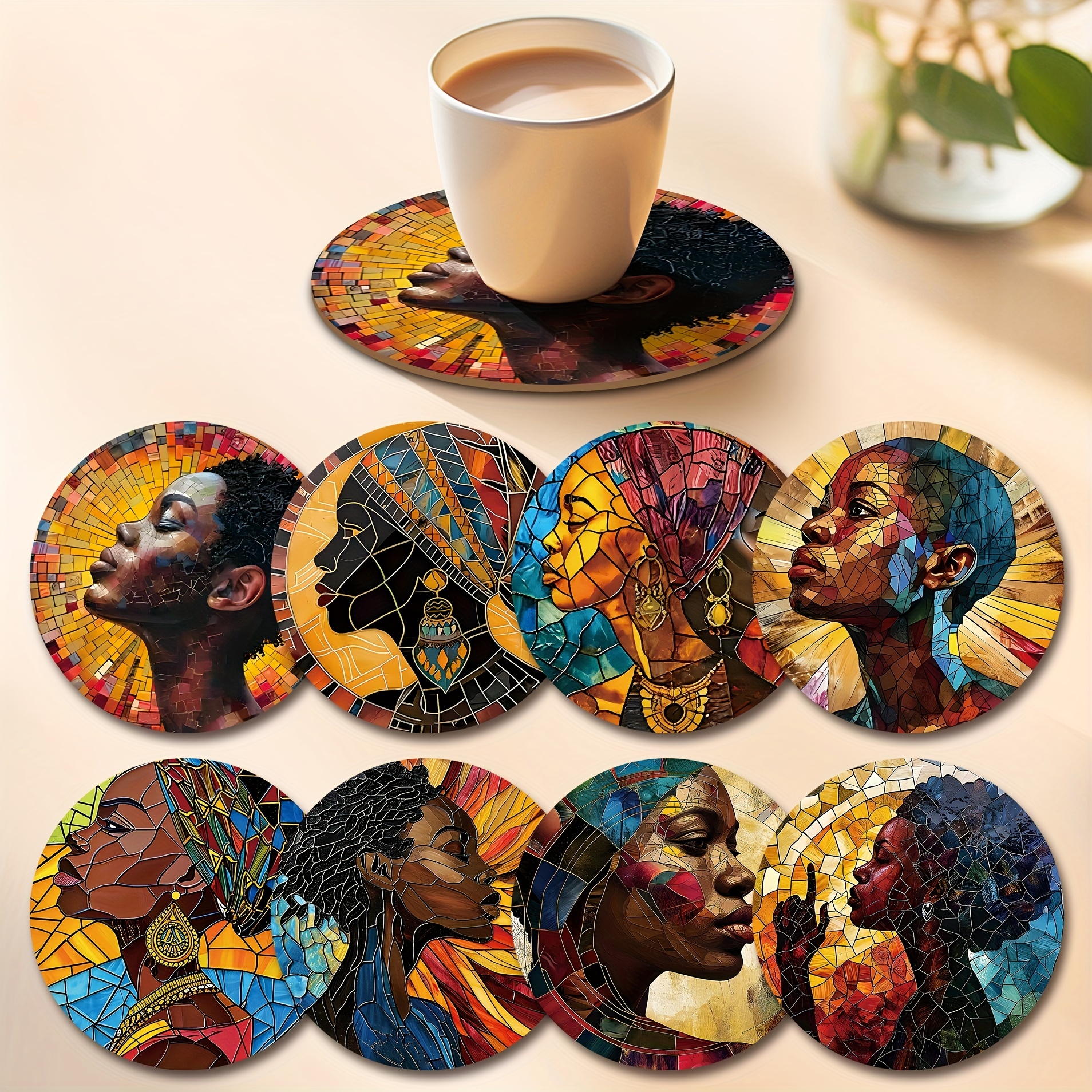 

8-pack African-inspired Wooden Coasters - Hand Wash, Heat-resistant, Vibrant Design For Drinks, Coffee, Office, Kitchen, Dining Table - Ideal For Home And Restaurant Decor, Perfect Gift