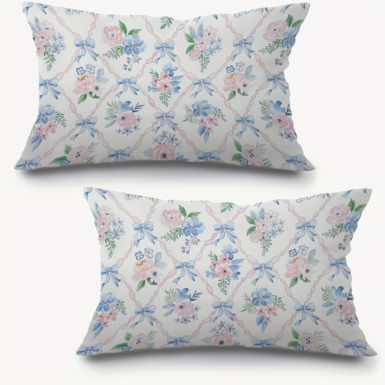 TEMU Dokriy 2pcs Floral Pillow Covers, And Blue Ribbons Trellis Lumbar Throw Pillow Covers For Home Bedroom Living Room, For Home Decor (single Side,
