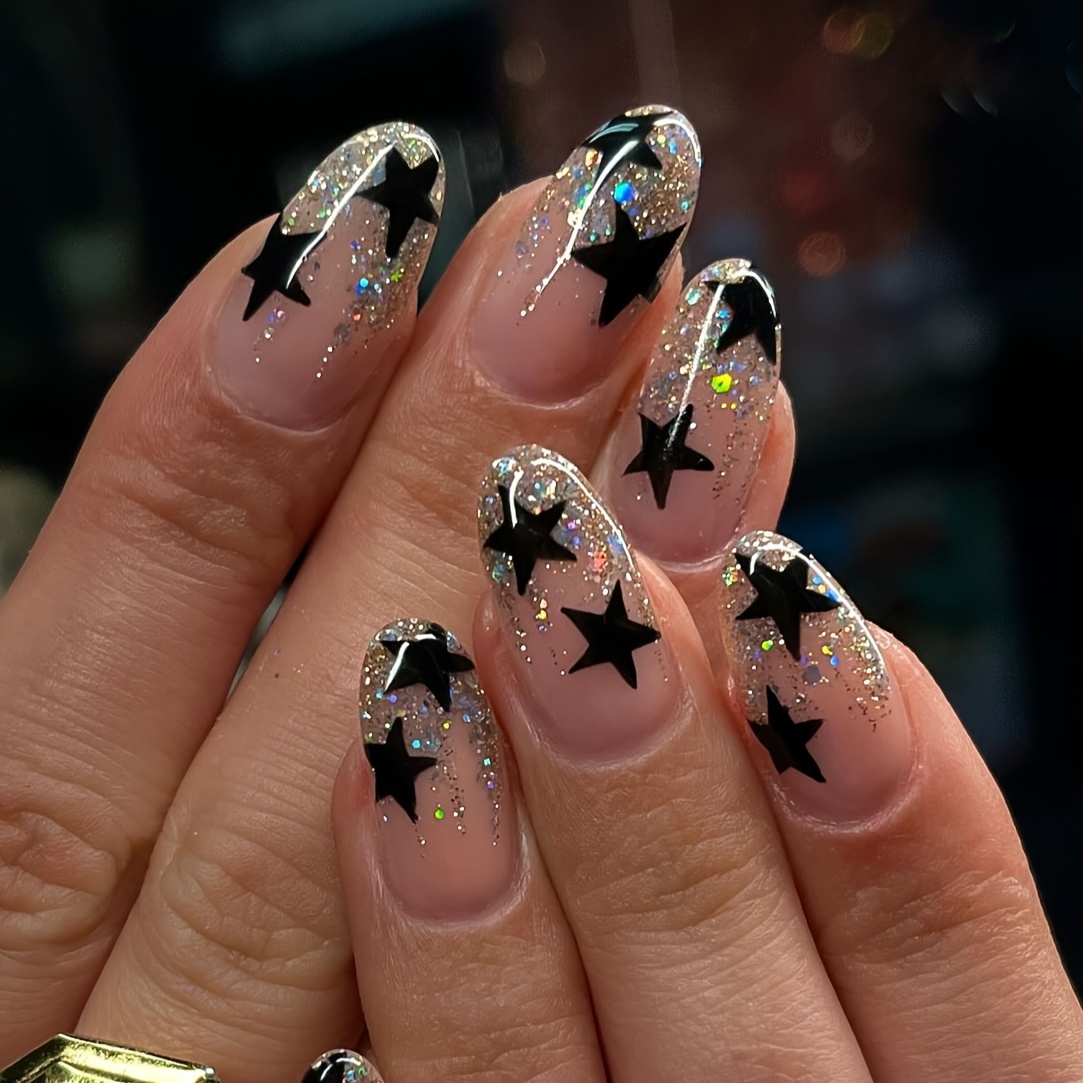 TEMU Upgrade Your Style 24pcs Wearable Nail Stickers Shimmering Trim Nude Base Starry False Nails Extension Removable Nail With Jelly Glue 1pc Nail