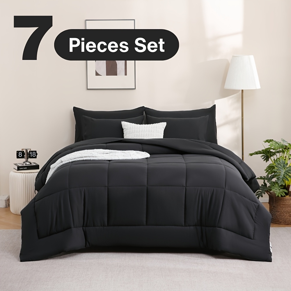 TEMU 5/7pcs Queen Comforter Set - Bed In A Bag Set, Bedding Sets With Box Stitches All Season Quilted Comforter, Flat Sheet, Fitted Sheet,