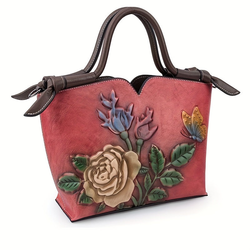 Romantic Vintage Floral Leather Handbag - Spacious Tote with Rose & Butterfly Embroidery - Genuine Leather, Versatile Shoulde...