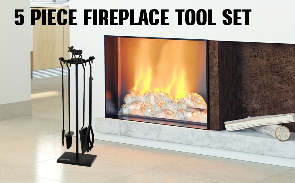 set of 5 fireplace tools indoor and outdoor fireplace accessory kit including a fireplace brush poker shovel and firewood rack details 0