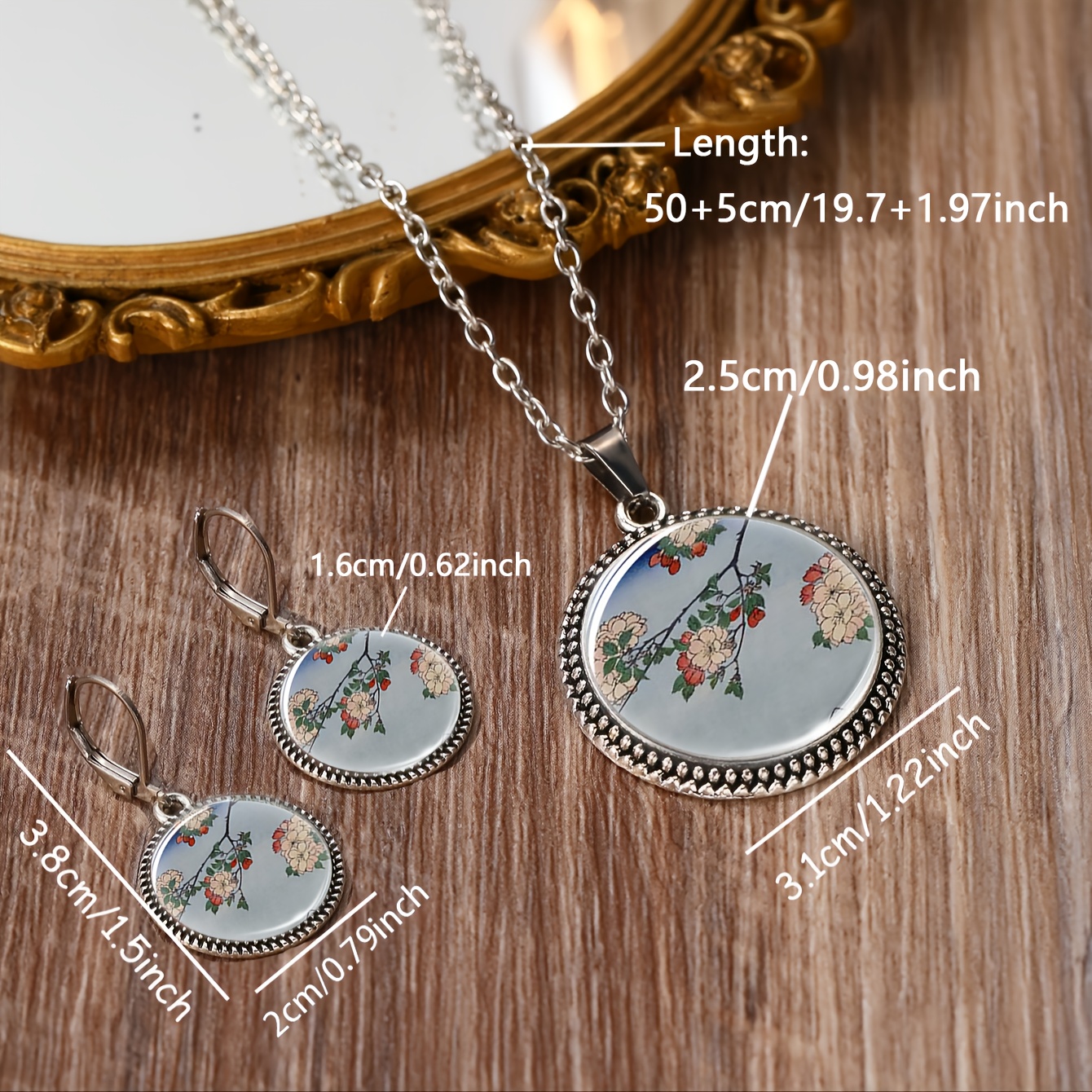 3pcs Elegant Floral Pattern Round Glass Base Jewelry Set