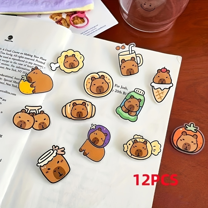 

12pcs Cute Capybara Cartoon Animal Brooch Set - Acrylic Fashion Accessories For Girls, Gift