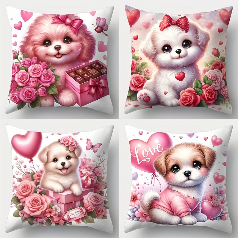 

Set Of 4 Valentine's Day Puppy Covers, Contemporary Style Decorative Throw Pillow Cases, 17.7x17.7 Inch, Polyester, With Rose And Heart Print, Zipper Closure, Hand Wash, For Living Room Sofa