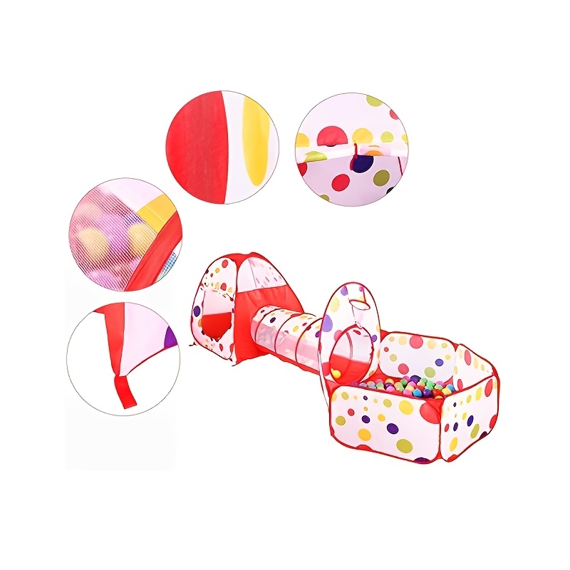 3in 1 Red Polka Dot Kids Play Tent With Crawl Tunnel And Ball Pit, Foldable Pop Up Indoor Outdoor Play Toy With Storage Bag, Great Birthday Gift For Toddler Boys Girls Active Pretend Play