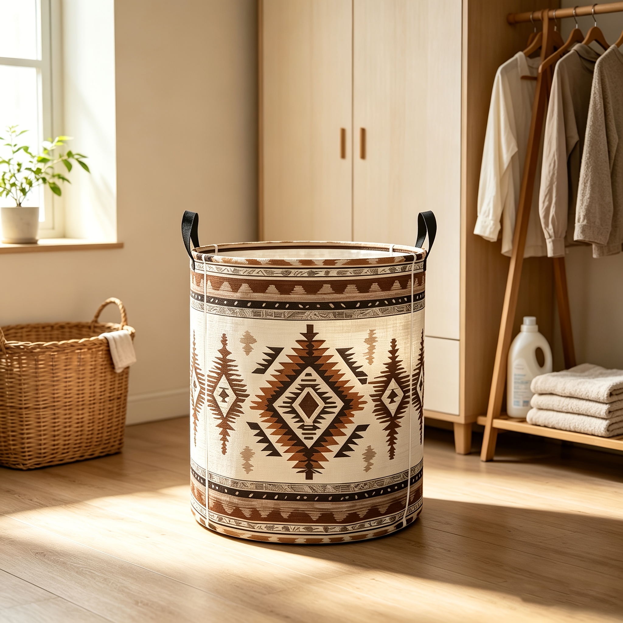 TEMU 1pc, Original Bohemian Style Round Laundry Basket With Handles, Suitable For Home Wardrobe And Kitchen Storage, Shelf Organizer Basket, Laundry