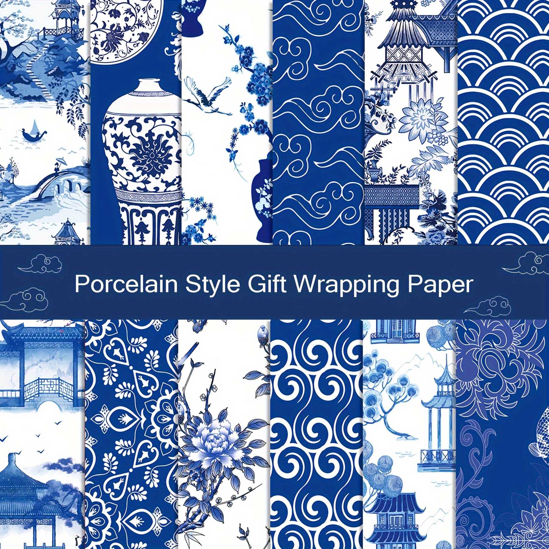 

12pcs Luxury Porcelain Pattern Gift Wrap - Elegant Chinese Style For Festivals, Flower Arrangements &