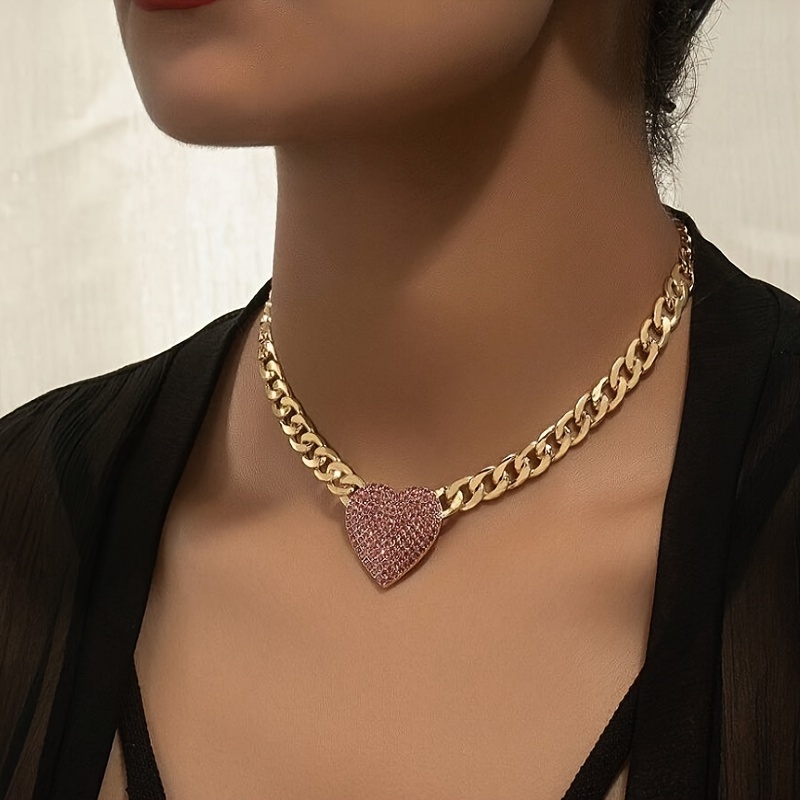 Heart Pendant Necklace with Rhinestones Chain for Women