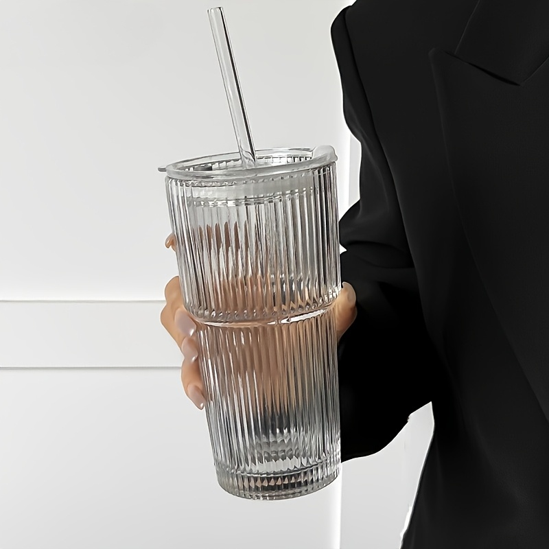 600ml striped glass cup with lid straw large capacity for coffee tea iced milk americano and latte durable stylish beverage glass coffee cup americano drinkware elegant drinkware natural drinkware Product details 3