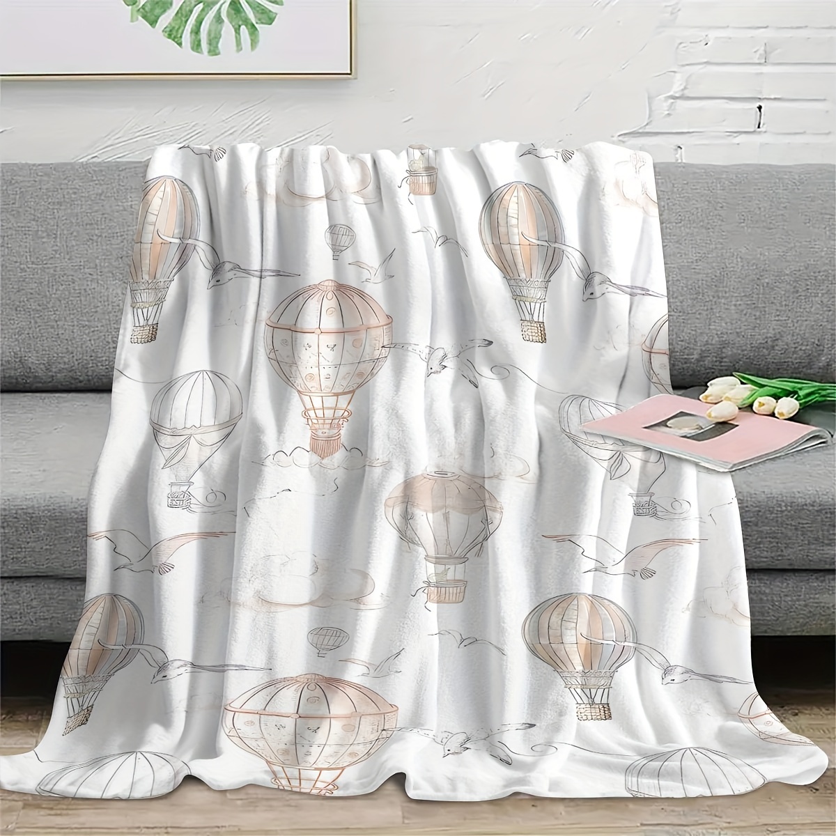 TEMU Hot Air Balloon Print Throw Blanket, Flannel Gift Blanket, Home Decor Throw, Use, Camping Travel Blanket, Air Conditioner Cover