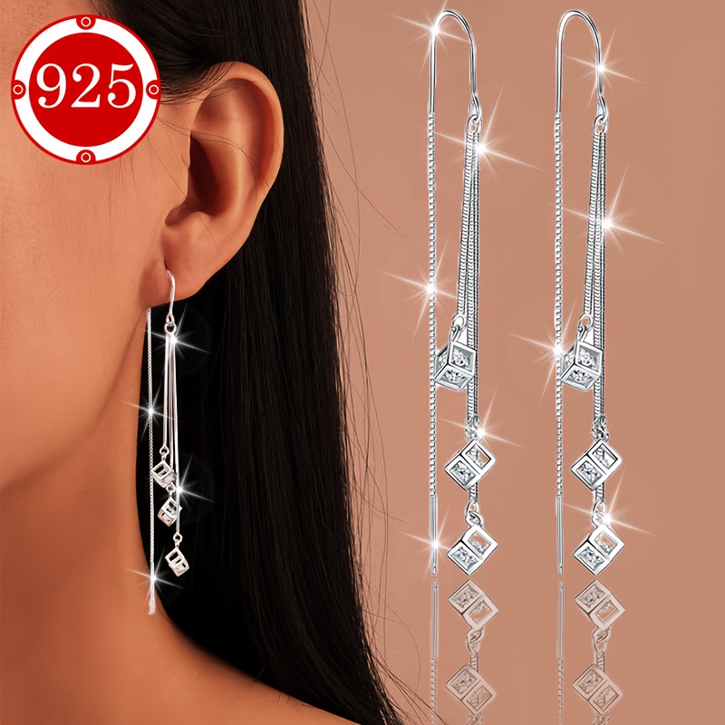 

Elegant 925 Sterling Silvery Dangle Earrings With Cube Tassel Design - Hypoallergenic, & , Gift-ready For Her