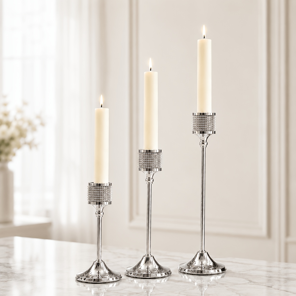 TEMU 3er-Set silberne Kerzenhalter, hohe dekorative Kerzenständer mit funkelnden Perlenbechern, elegante Kerzenständer für Hochzeitsdekorationen,