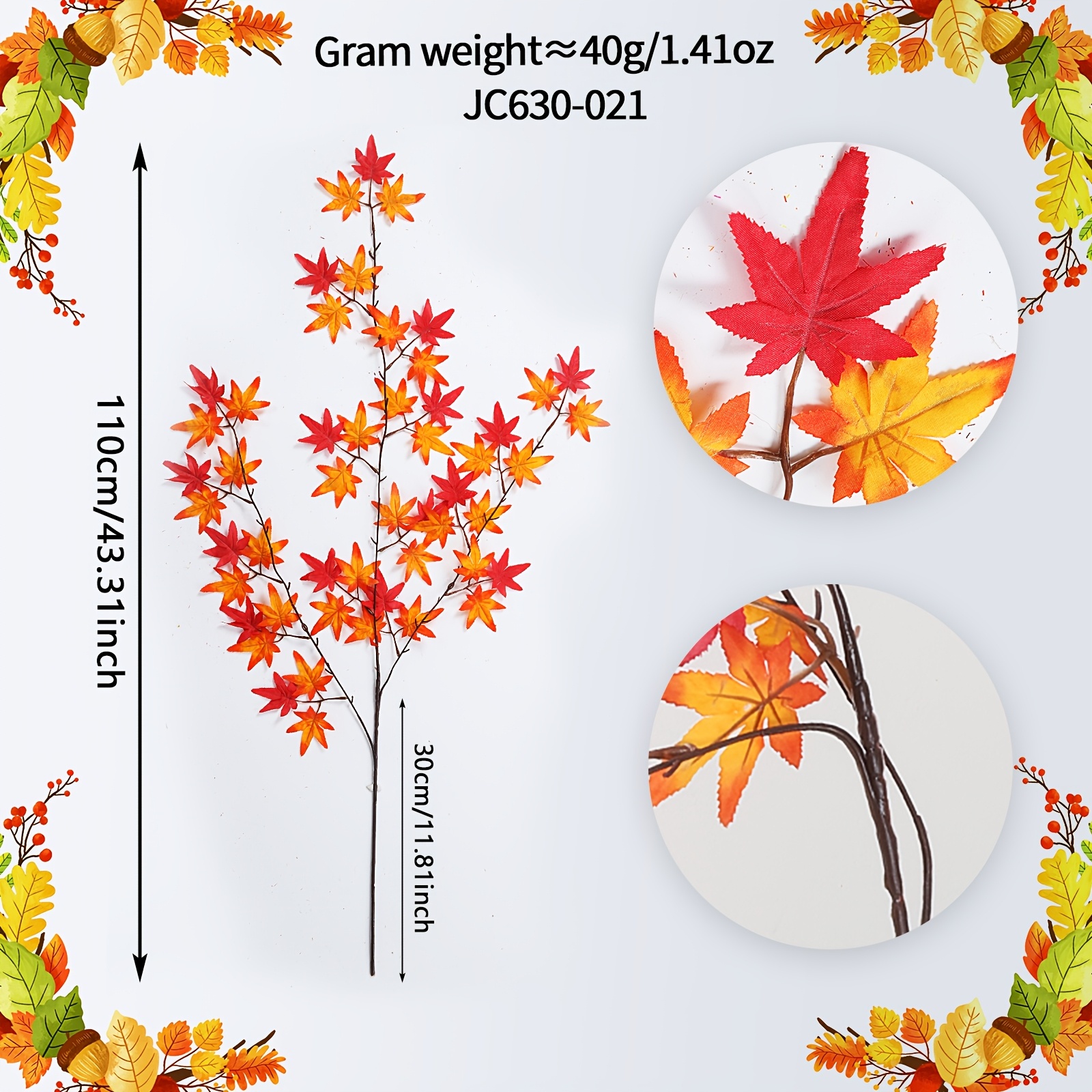 TEMU 2pcs 43.31-inch Autumn Decoration Artificial Fall Leaf Stems, Rustic Country Style, Suitable For Thanksgiving, , Window, Dining Table, Desktop