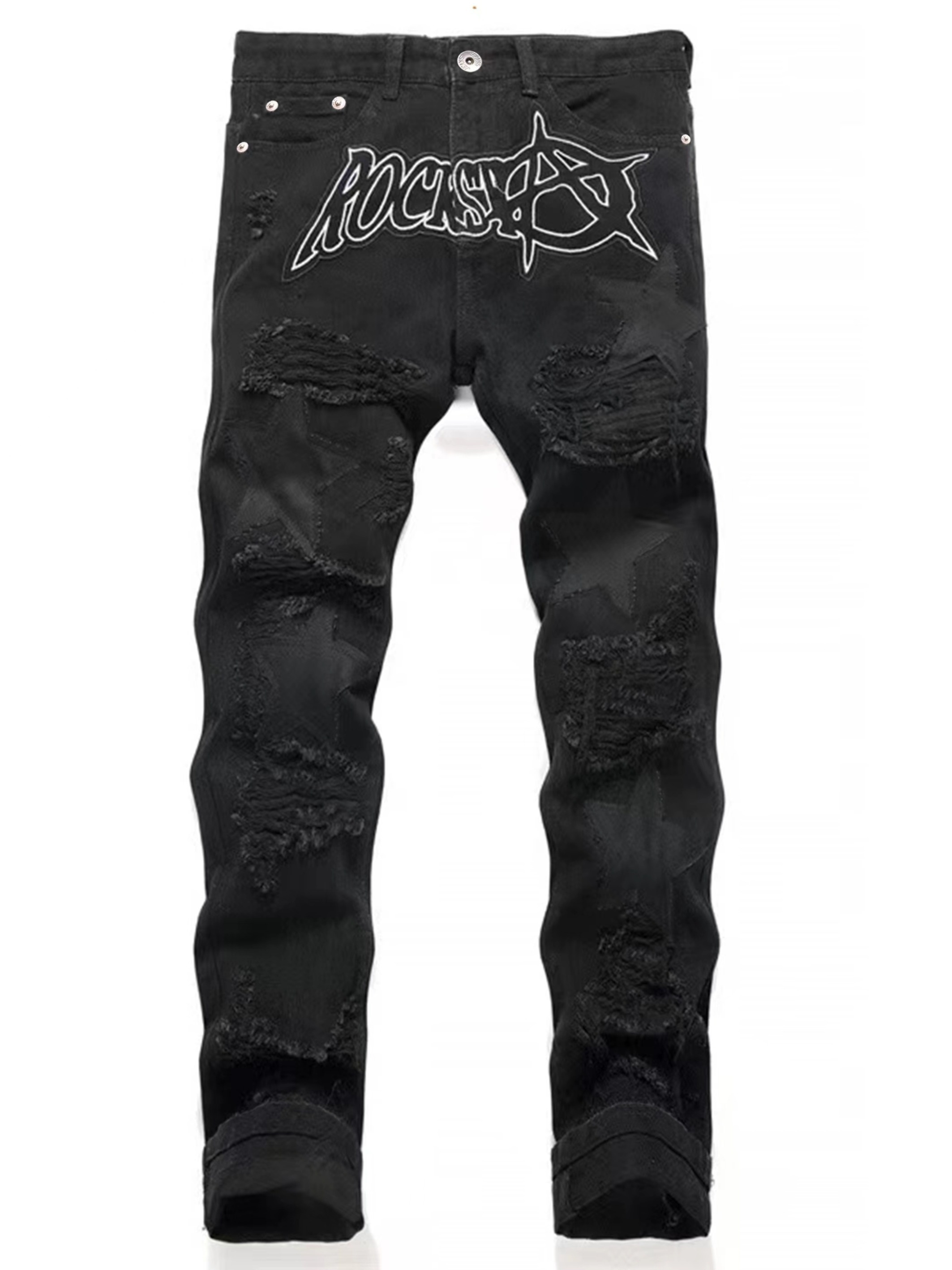 *'s Punk Rock Jeans Distressed Black Heavy-Denim Streetwear Pants with  Five-pointed star patches, Relaxed fit for Concerts, Casual Outfits