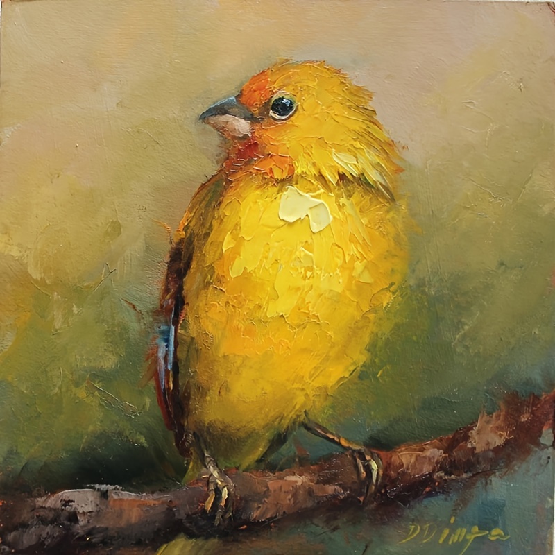 

1pc Frameless Oil Painting Canvas Poster, Bird Art Miniature Gift For Her, Yellow Finch Wall Decor For Living Room, Bedroom, Study, Bar, Cafe - 12x12 Inch