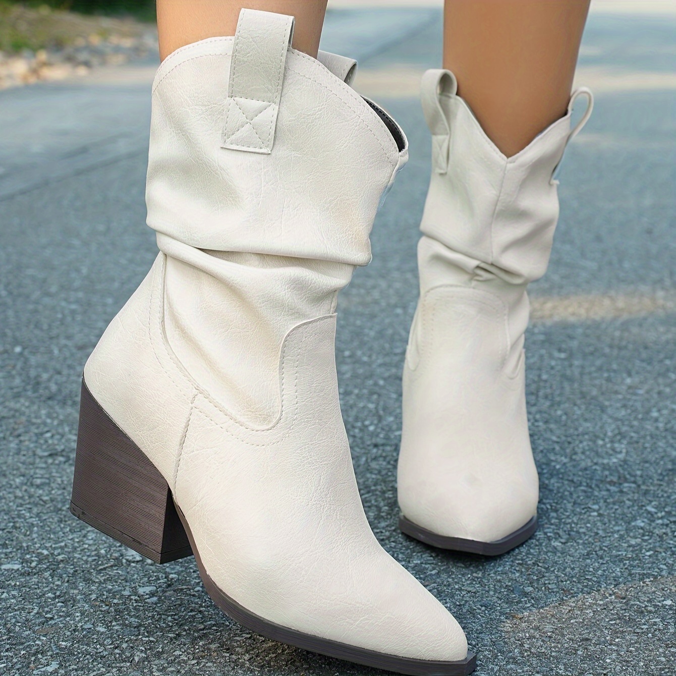 

Autumn Essential, Chic Women's Pointed-toe Mid-calf Boots With Chunky Heel - Cover, Slip-on Design, Comfortable Velvet