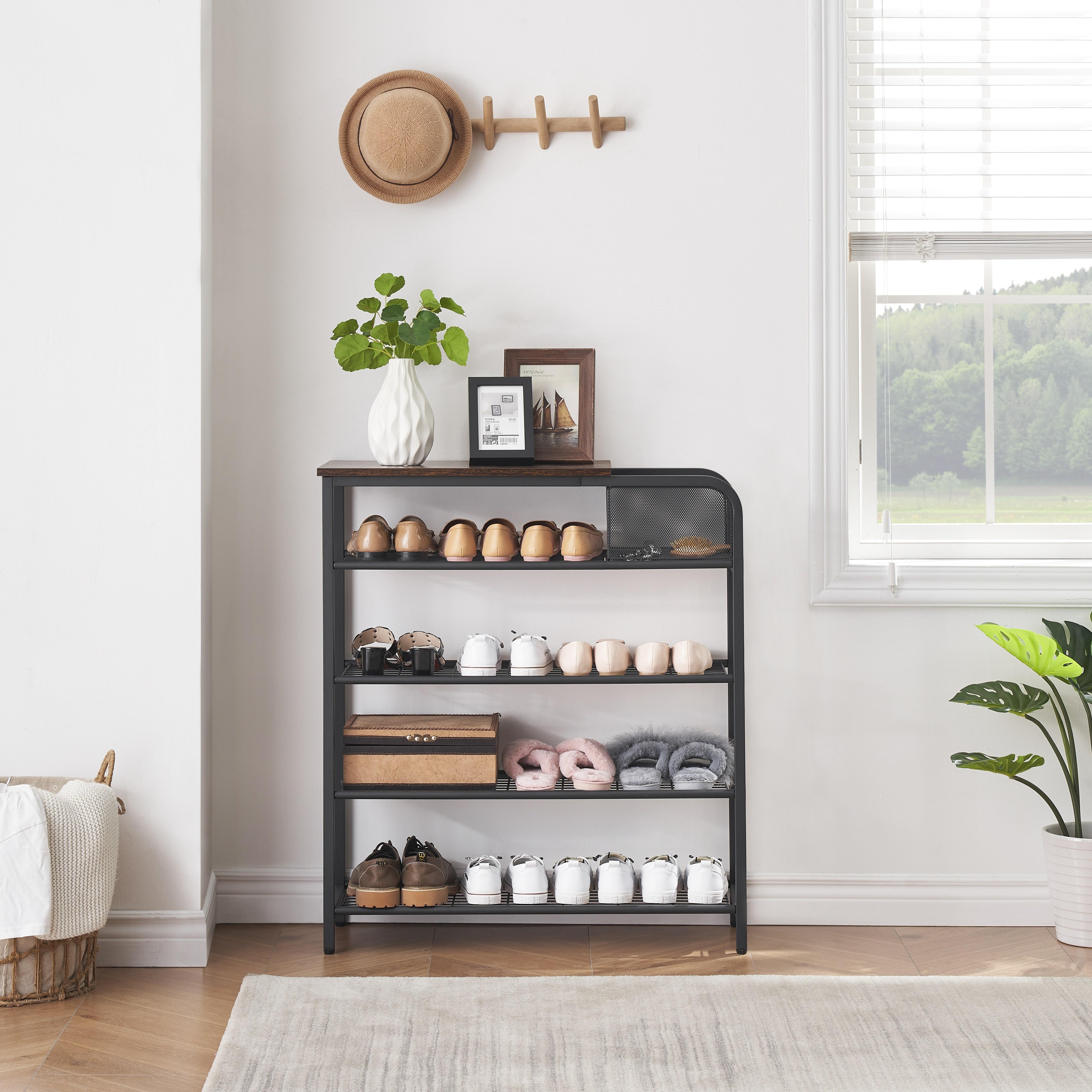 5 tier shoe rack closet organizer free standing storage for 20 25 pairs sturdy wooden top with mesh storage basket ideal for entryway hallway and closet rustic brown   details 4