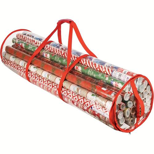 festive red transparent pvc wrap storage box with handle tear resistant easy carry design for 39 rolls perfect christmas gift and holiday decoration organizer gift wrap storage
