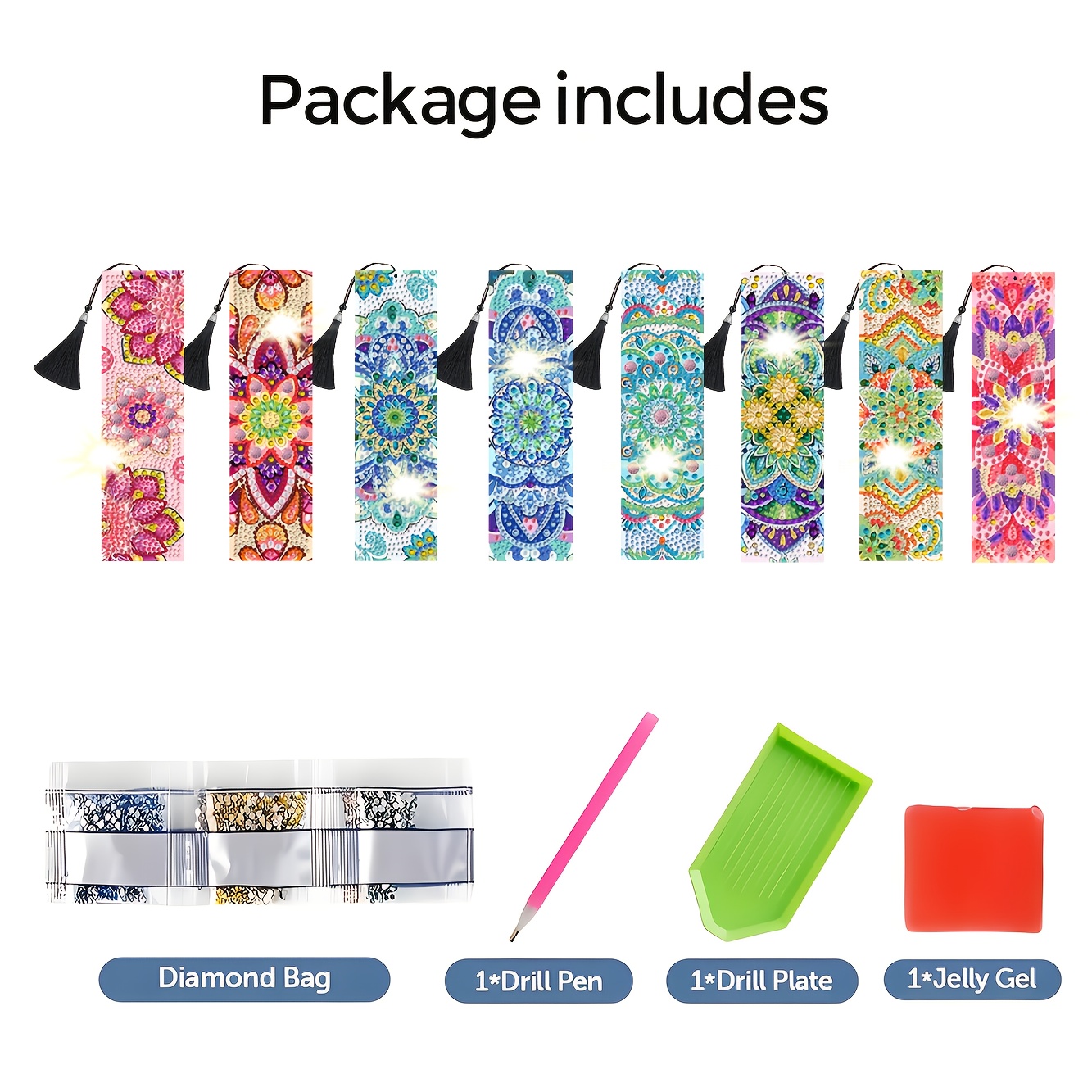 Image of 8pcs Diamond Painting Diy Bookmark Kit, Diamond Painting Beginner Kit, Mandala Flower Pattern, Sparkling Gemstone Effect, Pet Material, Waterproof. Reading Companion, For