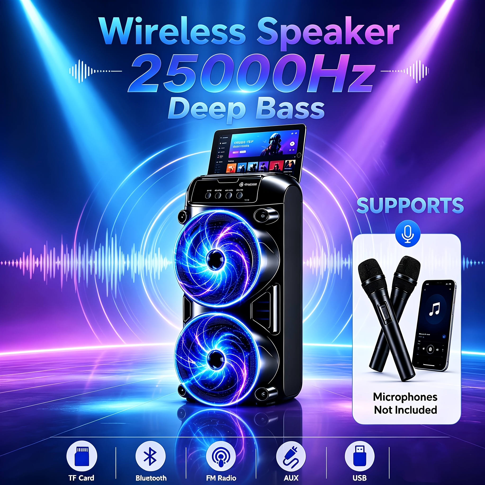 Image of Portable Wireless Wireless Speaker, Wireless 5.3 Stereo , Vibrant Led Light, Supports Fm, Tws, Mic, Tf And Usb , Audio For Outdoor Gatherings And Holiday Gift Or
