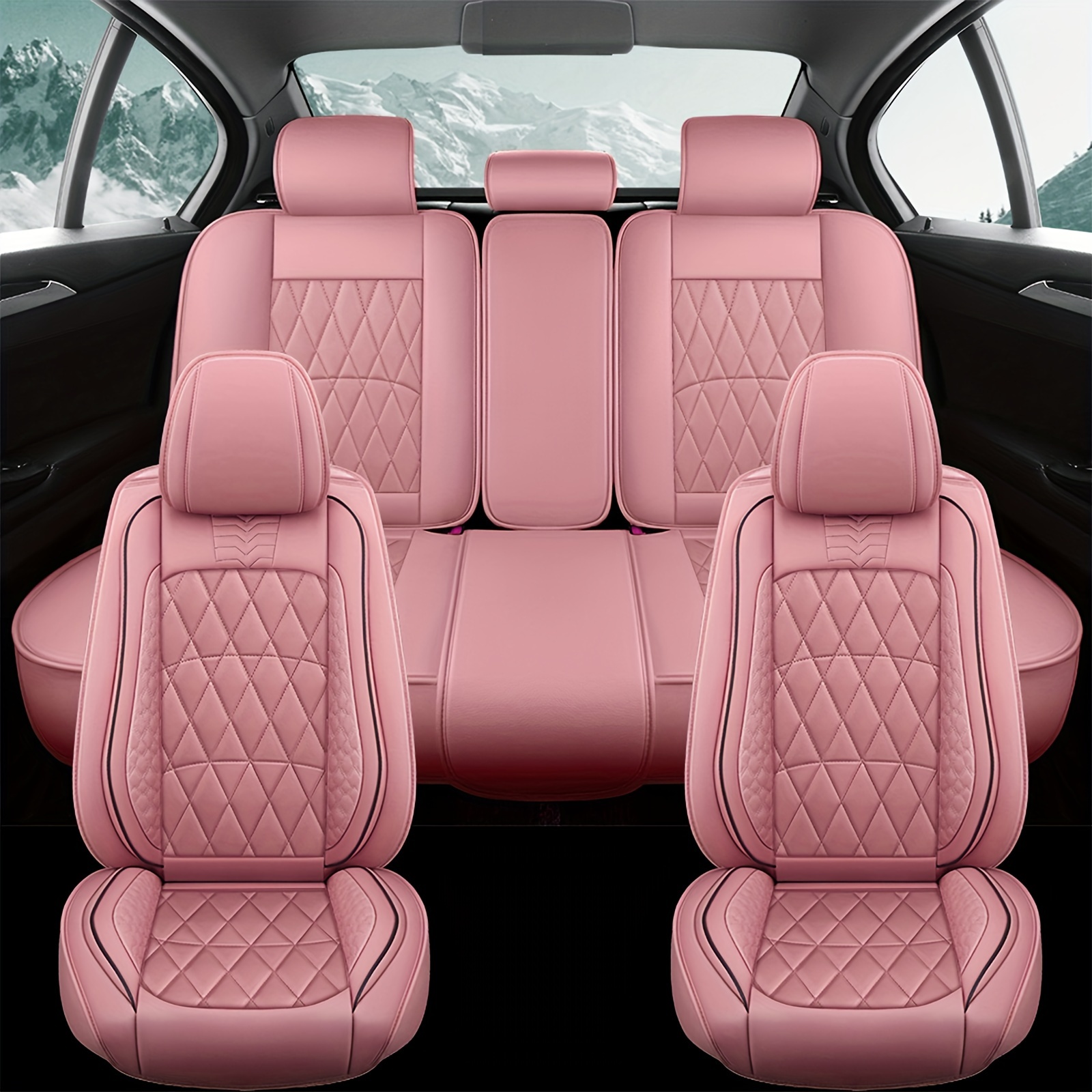TEMU Universal Car 5 Seat Cover Pu Leather Cushion Full Set Front Rear Ssolid Split Bench Back Cover Protector Waterproof Diamond Pattern Christmas