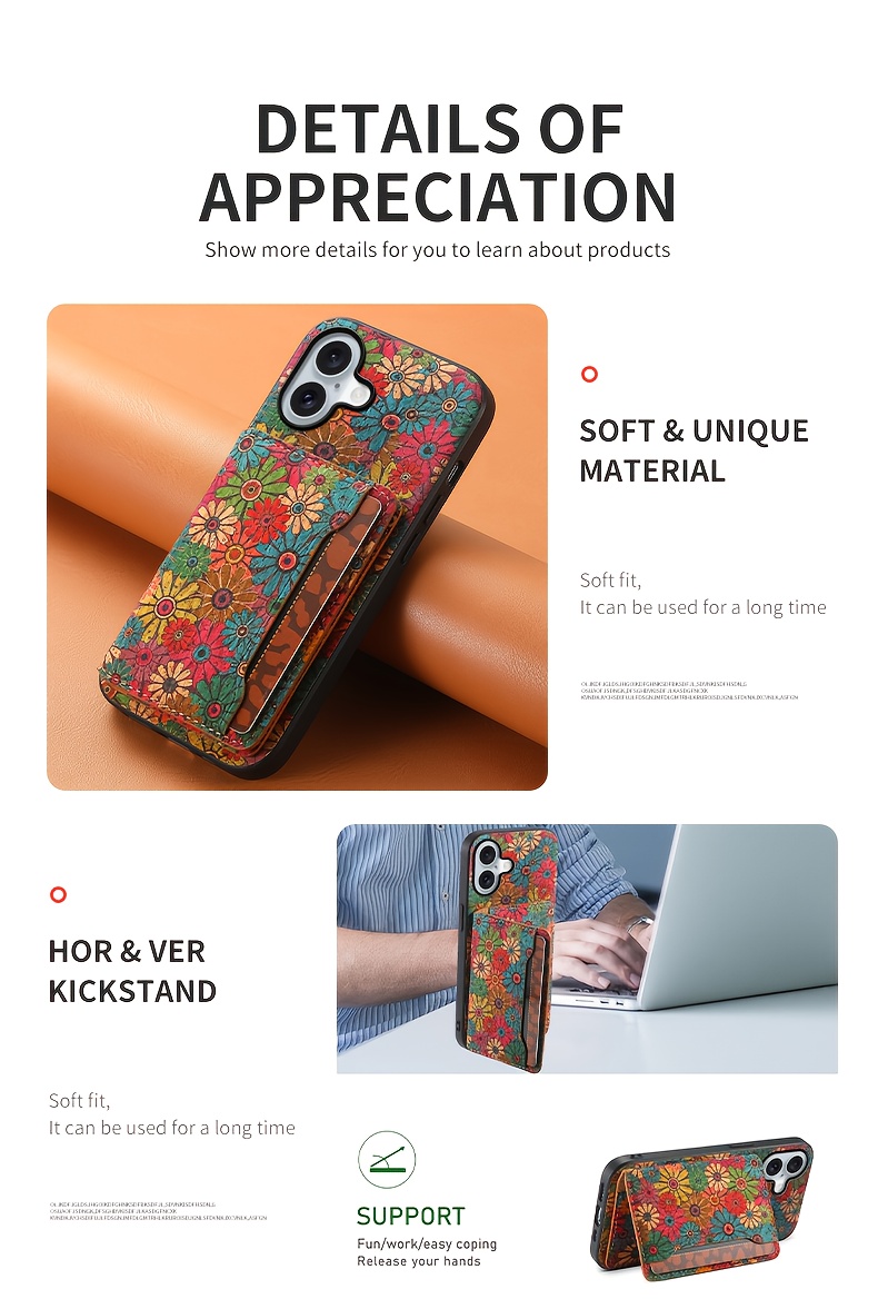 DENIOR Wooden Phonecase for iPhone 15/ 14/ 13/ 12 Series Case, with Glue Kickstand And Card Holder 3 Card Slots Can Insert 3-5 Cards Shockproof Protection, Turquoise And Red Flowers, Cork Wooden