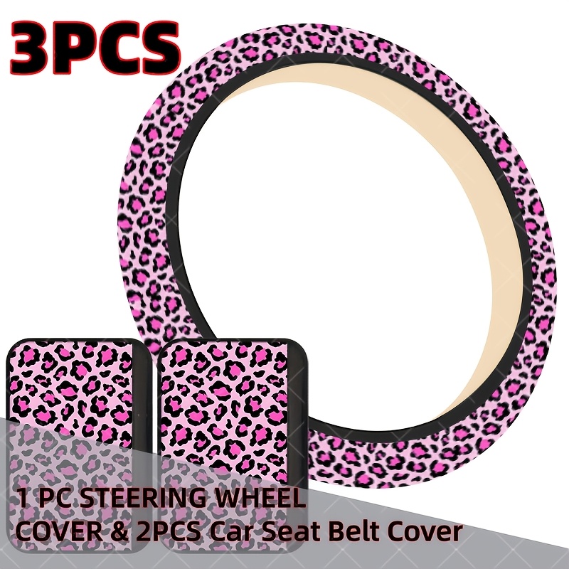 TEMU Set da 3 Pezzi Stampa Leopardata Rosa e su Sfondo Rosa Chiaro per Interni Auto, Design , 1 Coprivolante Universale e 2 Proteggi Spalle, alla