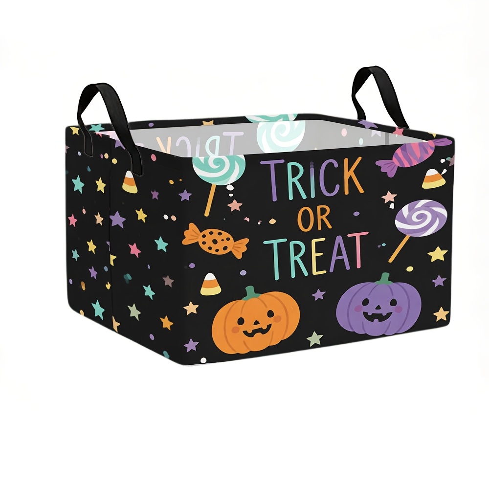 TEMU 1pc Collapsible Canvas Open Storage Basket With & Pumpkin Pattern - Suitable For Halloween Decor, Laundry Basket, Shelf Organizer Bin For