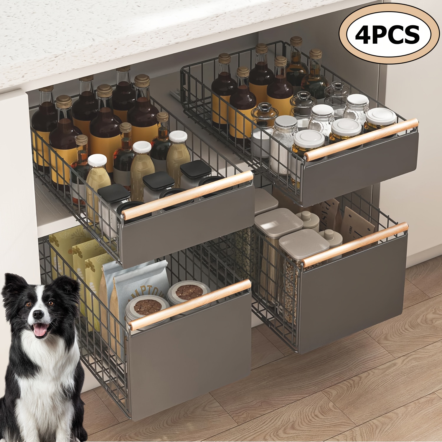 

4pcs Pull Out Cabinet Organizer, Slide Out Drawers Fixed With Adhesive , Slide Out Pantry Shelves With Wooden Handle For Kitchen, Pantry, Bathroom And Dog Bowl