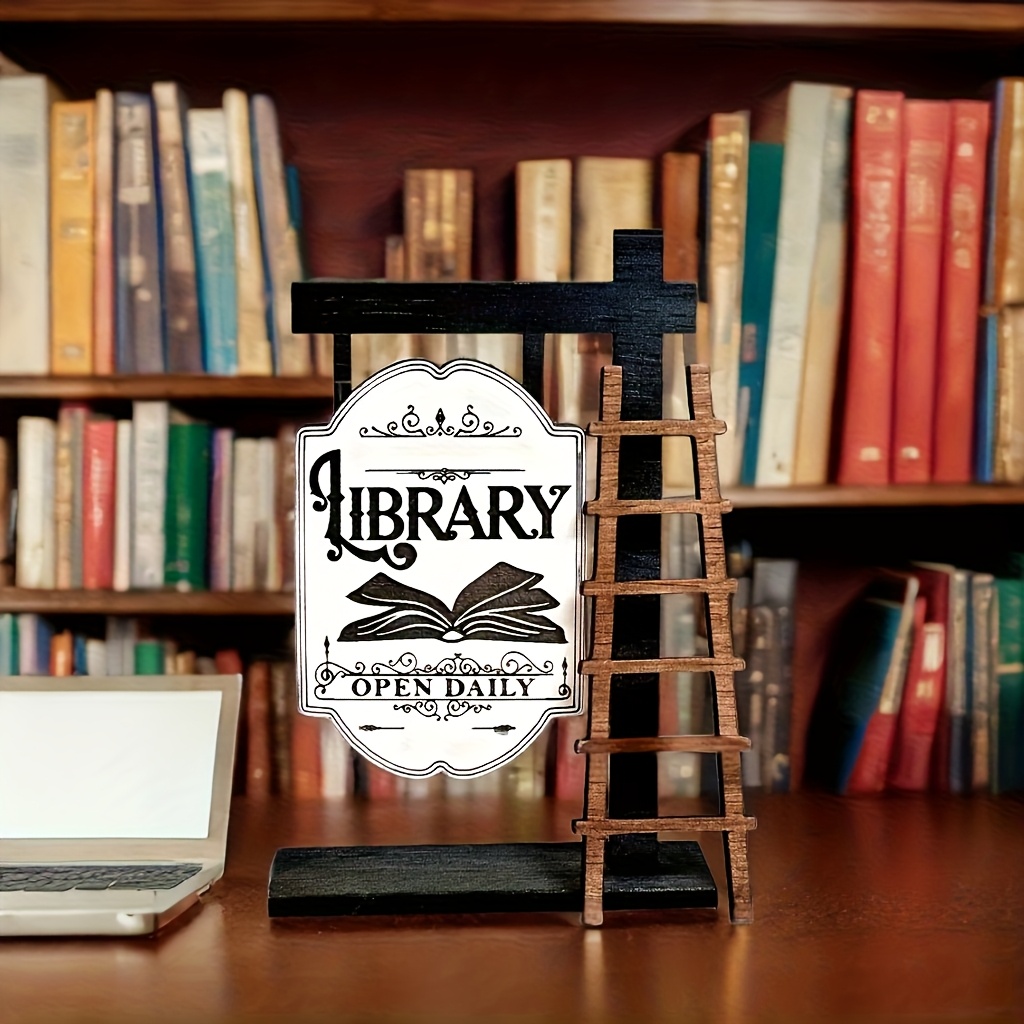 E-shop Vintage Bibliothek Miniatur - Rustikaler Holzschreibtischdeko mit Leiter, Bücherregal und "Täglich geöffnet" Schild, Perfektes Geschenk für
