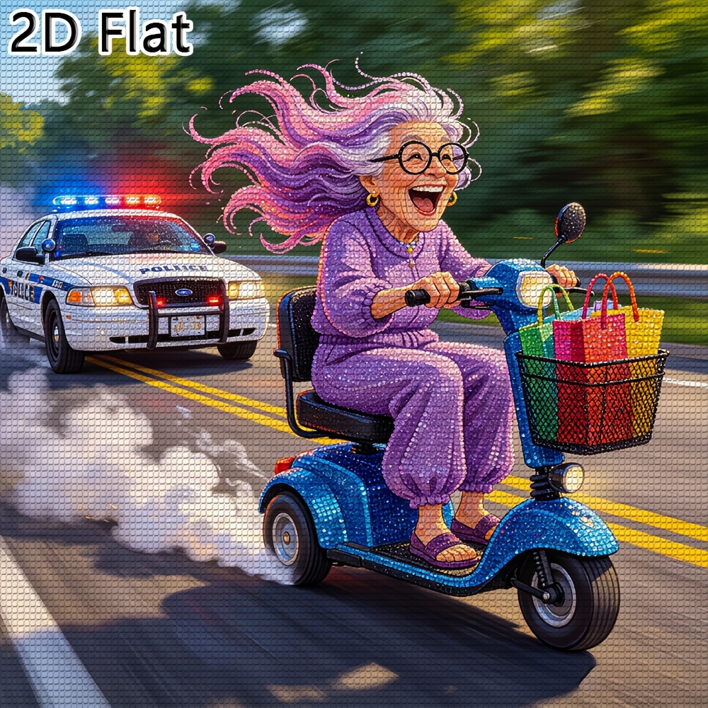 TEMU 1pc Diy Diamond Painting, Funny Granny Riding Scooter With Shopping Bags Being By Police Car Pattern, Art Decor Painting For Indoor Living Room