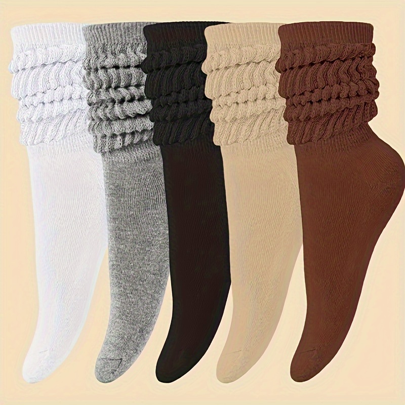 

5 Pairs Solid Slouch Socks, Simple & Warm Thick Calf Socks For Fall & Winter, Women's Stockings & Hosiery