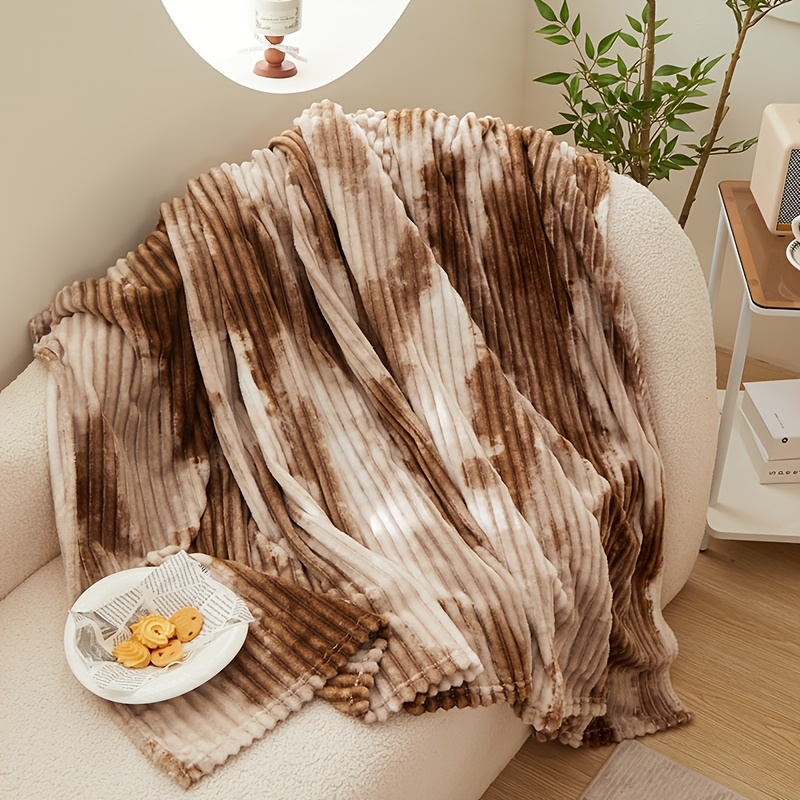 TEMU Tie Dye Flannel Blanket, Soft Plush Ribbed Striped Throw Blanket, Cozy Lightweight Blanket For Bed, Sofa, Couch, Travel, Multiple Colors & Sizes