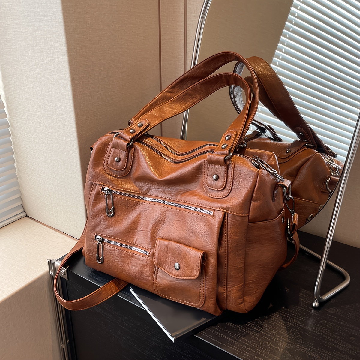 Image of Large Capacity, , High-end Feel Bag, New Single , Business Travel Luggage Bag, Women's Fashion, Leisure, Retro, Versatile Handbag, Simple Tote Bag, Medieval Motorcycle Bag