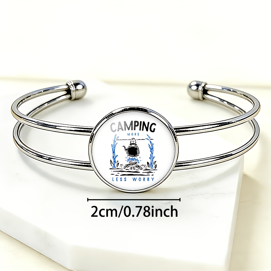 Adjustable Open Bangle with Round Time Gemstone Inlay, Camping Theme