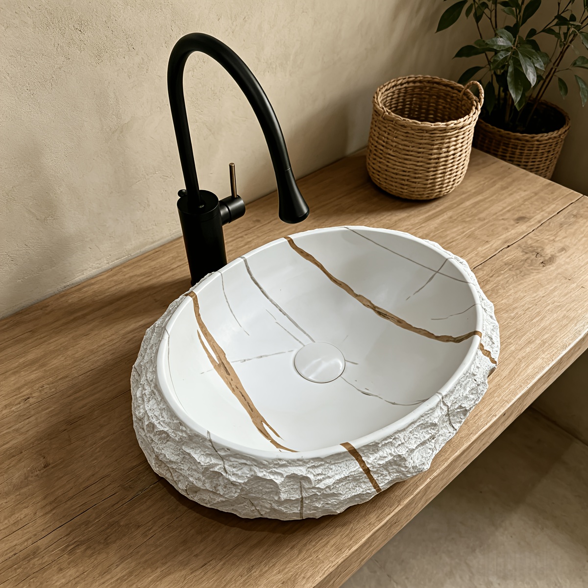 1pc Lauren Platinum Stone Textured Artificial Stone Washbasin, Sink, Art Basin, Decorative Basin, Single Basin, with Drain And Anti-Odor Drain Pipe, Easy to Install on The Countertop, Suitable for Home, Hotel, Balcony, Outdoor Use