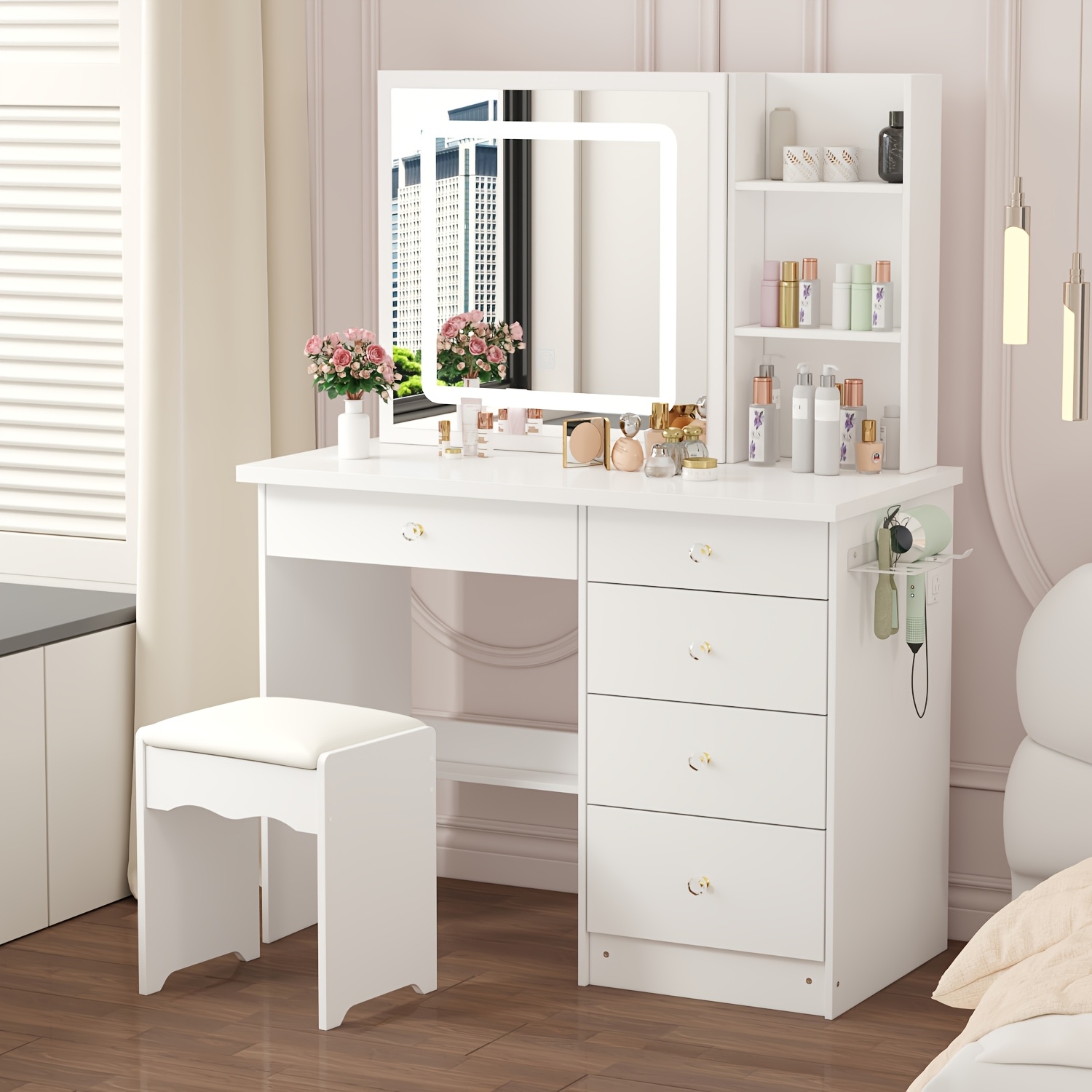 TEMU Table de Cosmétique avec Grand Coulissant Lumineux, Multiprise & Support Sèche-Cheveux, Coiffeuse Moderne avec Tiroirs, Étagères de Rangement &