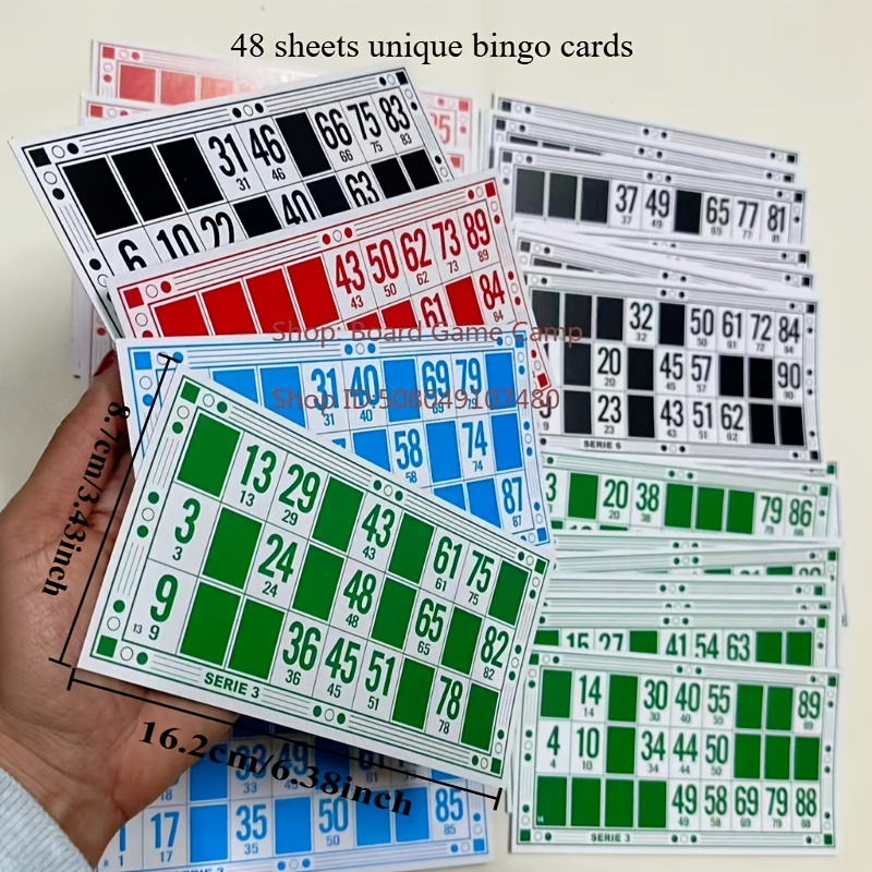 TEMU 48 pezzi di carte in cartoncino stampate in quattro colori, 16,2 cm x 6,38 pollici, per un gioco di bingo
