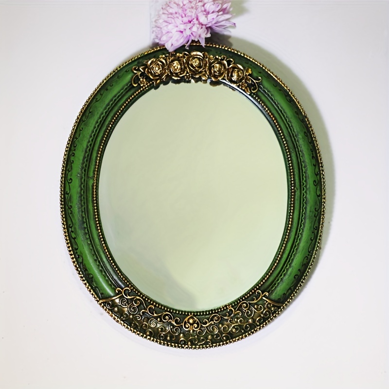 

Vintage Golden Rose Embossed Makeup Mirror With Jade Trim - Elegant Wall-mounted Bathroom Decor, Resin Material, Perfect For Living Room & Bedroom