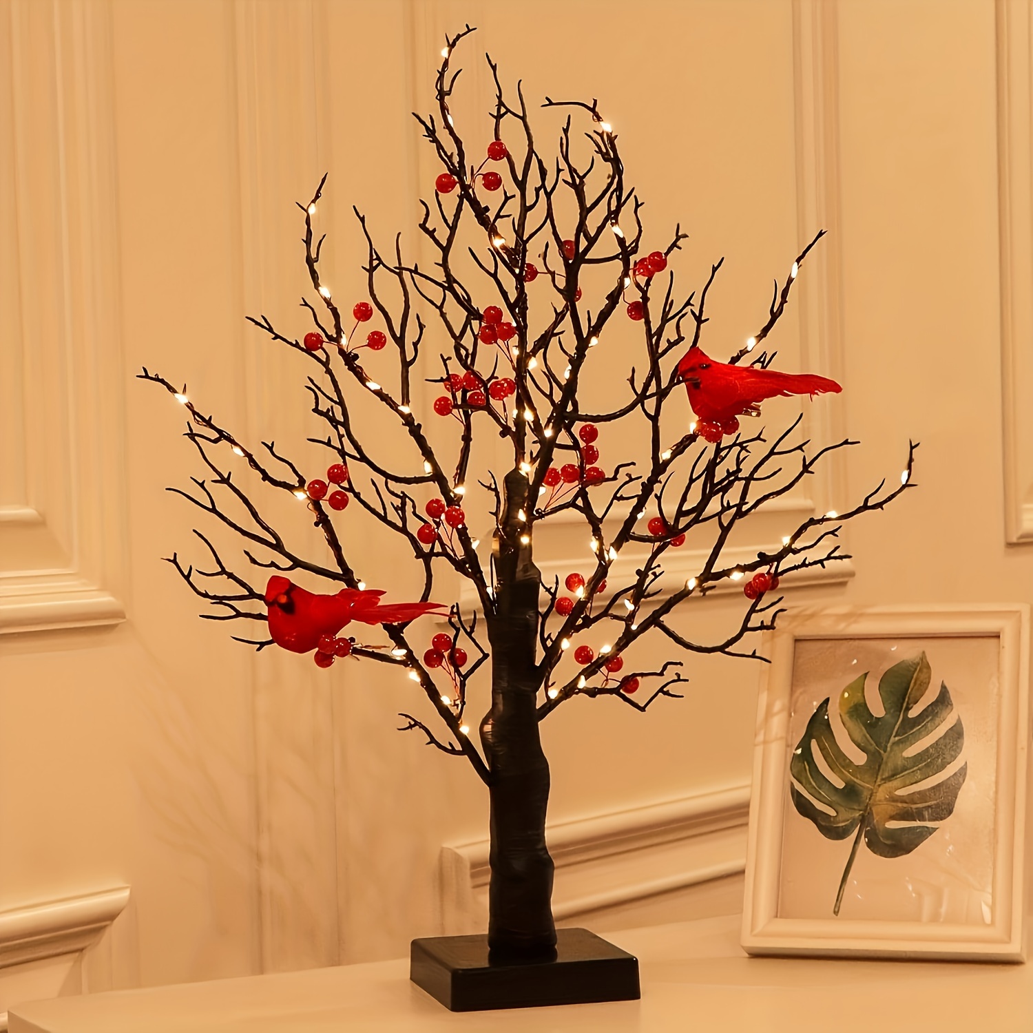 

1pc, Tabletop Decor 21inch 60 Led With Black Artificial Birch Lighted Trees For Decoration Indoor Red Bird Warm Light Room Decor, Home Decor, Offices Decor, Theme Party Decor, Christmas Decor