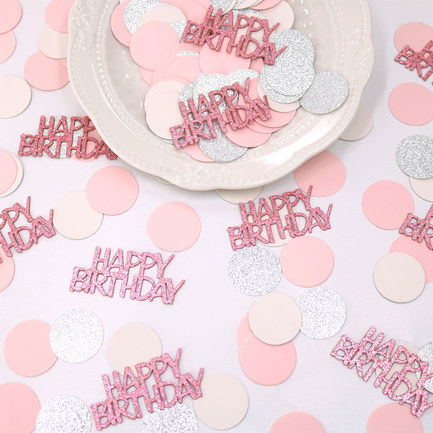 99pcs, Light Pink Silvery Polka Dots Pink Happy Birthday Confetti, Used For Girls' Birthday Party Decorations, Light Pink Glitter Scattered Polka Dots For Princess-themed Birthday Party Decor