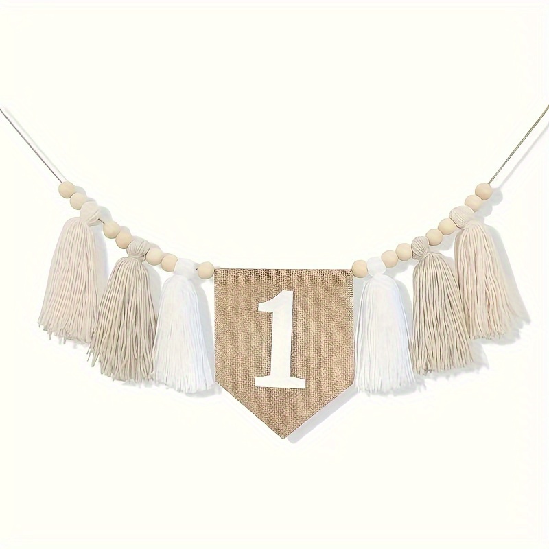 

Pre-strung 28 Inch (70cm) Burlap Banner With Tassels And Wooden Beads - Perfect For Birthday Party Decor, High Chair, Or Wall Hangings