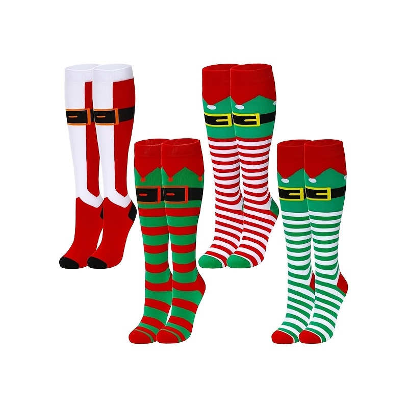 TEMU 4 Pairs Red Green Striped Christmas Elf Pattern Knee-high Socks, Christmas Gift